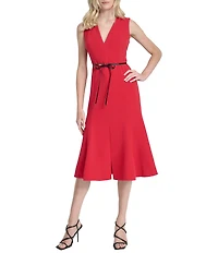 DKNY by Donna Karan Salon Stretch V-Neck Sleeveless Belted Fit And Flare Midi Dress