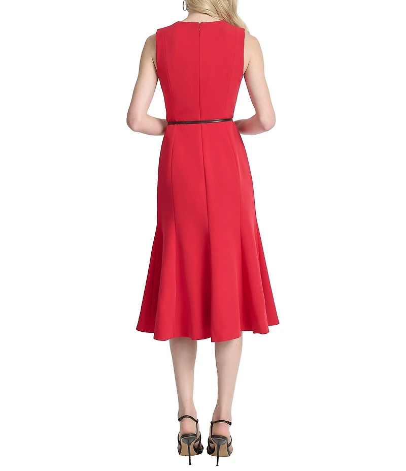 DKNY by Donna Karan Salon Stretch V-Neck Sleeveless Belted Fit And Flare Midi Dress
