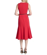 DKNY by Donna Karan Salon Stretch V-Neck Sleeveless Belted Fit And Flare Midi Dress