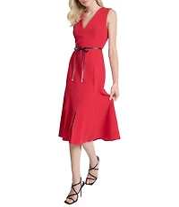 DKNY by Donna Karan Salon Stretch V-Neck Sleeveless Belted Fit And Flare Midi Dress