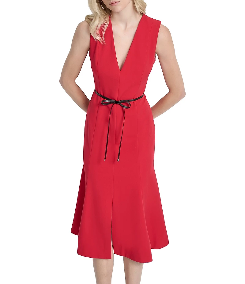 DKNY by Donna Karan Salon Stretch V-Neck Sleeveless Belted Fit And Flare Midi Dress