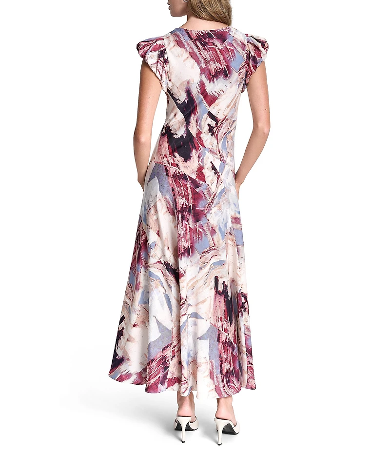 DKNY by Donna Karan Satin Bias Cut V-Neck Puff Cap Sleeve Midi Dress