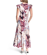 DKNY by Donna Karan Satin Bias Cut V-Neck Puff Cap Sleeve Midi Dress