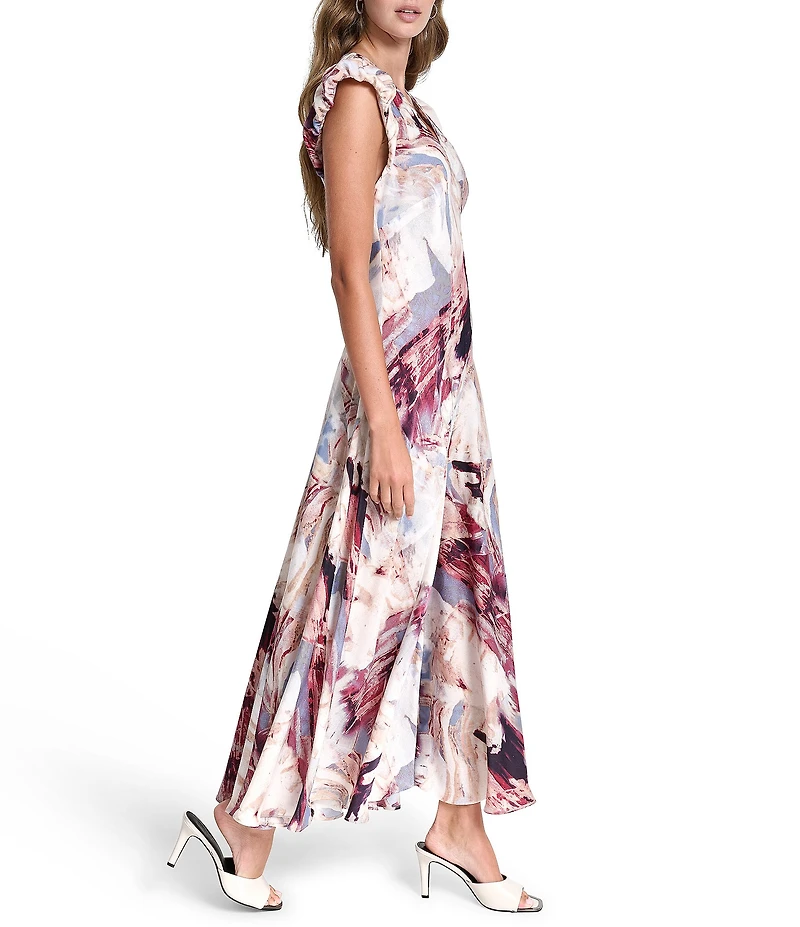 DKNY by Donna Karan Satin Bias Cut V-Neck Puff Cap Sleeve Midi Dress