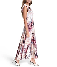 DKNY by Donna Karan Satin Bias Cut V-Neck Puff Cap Sleeve Midi Dress