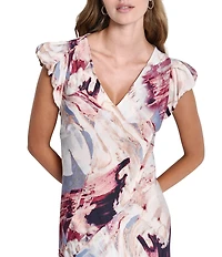 DKNY by Donna Karan Satin Bias Cut V-Neck Puff Cap Sleeve Midi Dress