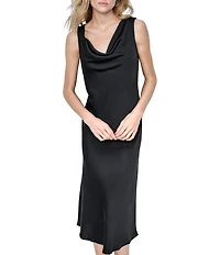 DKNY by Donna Karan Satin Cowl Neck Asymmetrical Strap A-Line Midi Dress