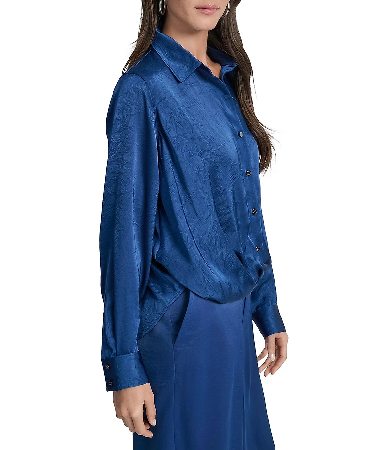 DKNY by Donna Karan Satin Crease Point Collar Twist Button Front Top