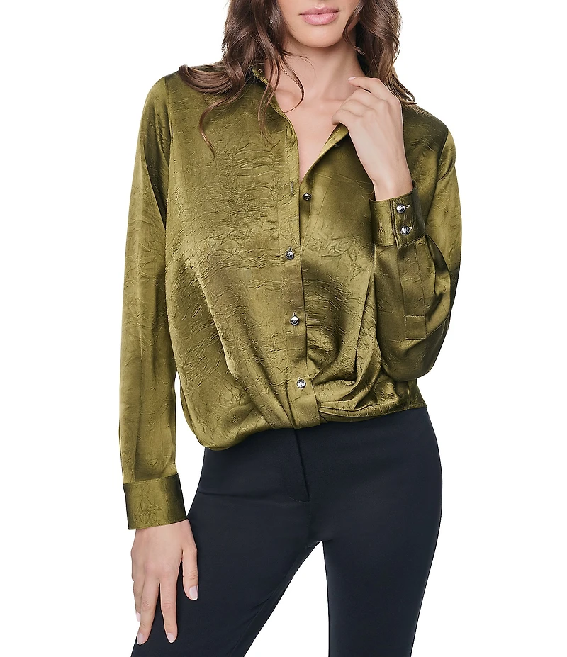 DKNY by Donna Karan Satin Crease Point Collar Twist Button Front Top