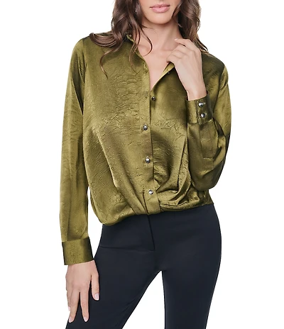 DKNY by Donna Karan Satin Crease Point Collar Twist Button Front Top