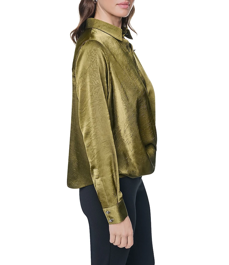 DKNY by Donna Karan Satin Crease Point Collar Twist Button Front Top