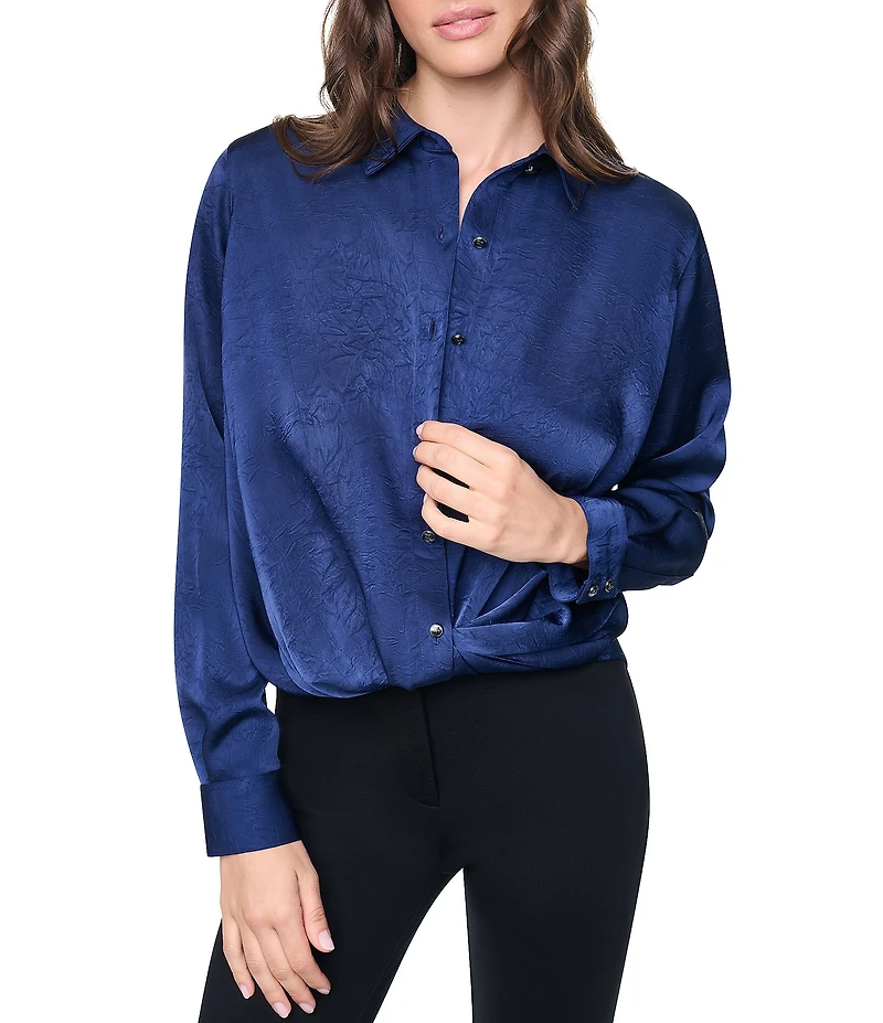 DKNY by Donna Karan Satin Crease Point Collar Twist Button Front Top