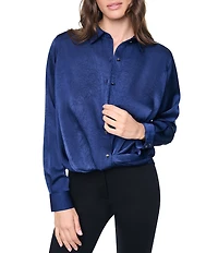 DKNY by Donna Karan Satin Crease Point Collar Twist Button Front Top
