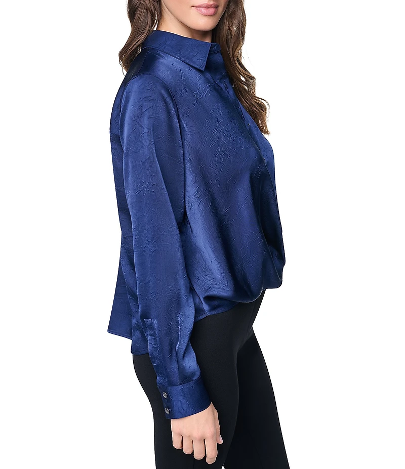 DKNY by Donna Karan Satin Crease Point Collar Twist Button Front Top