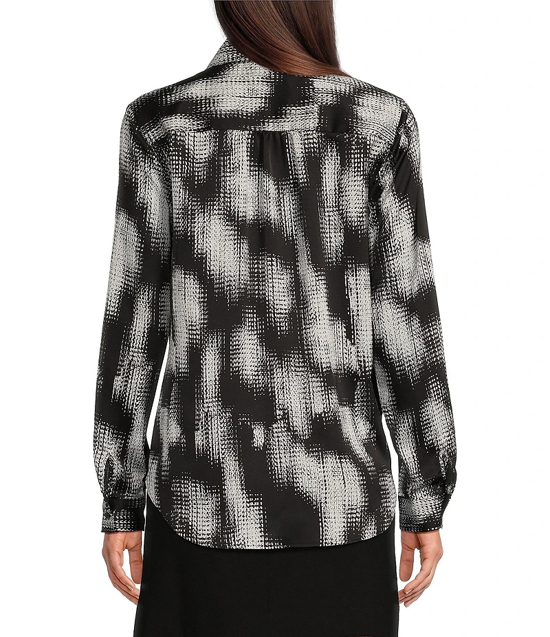 DKNY By Donna Karan Satin Crepe De Chine Point Collar Roll-Tab Sleeve Button Front Shirt