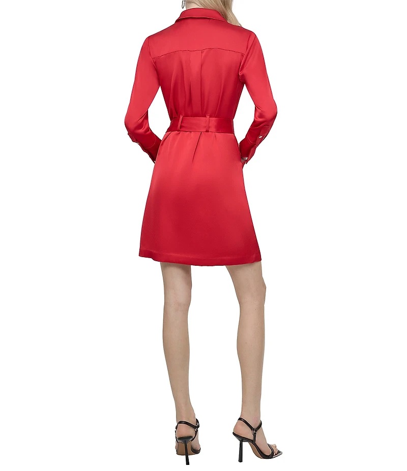 DKNY by Donna Karan Satin Crepe V-Neck Long Sleeve Belted Coat Dress