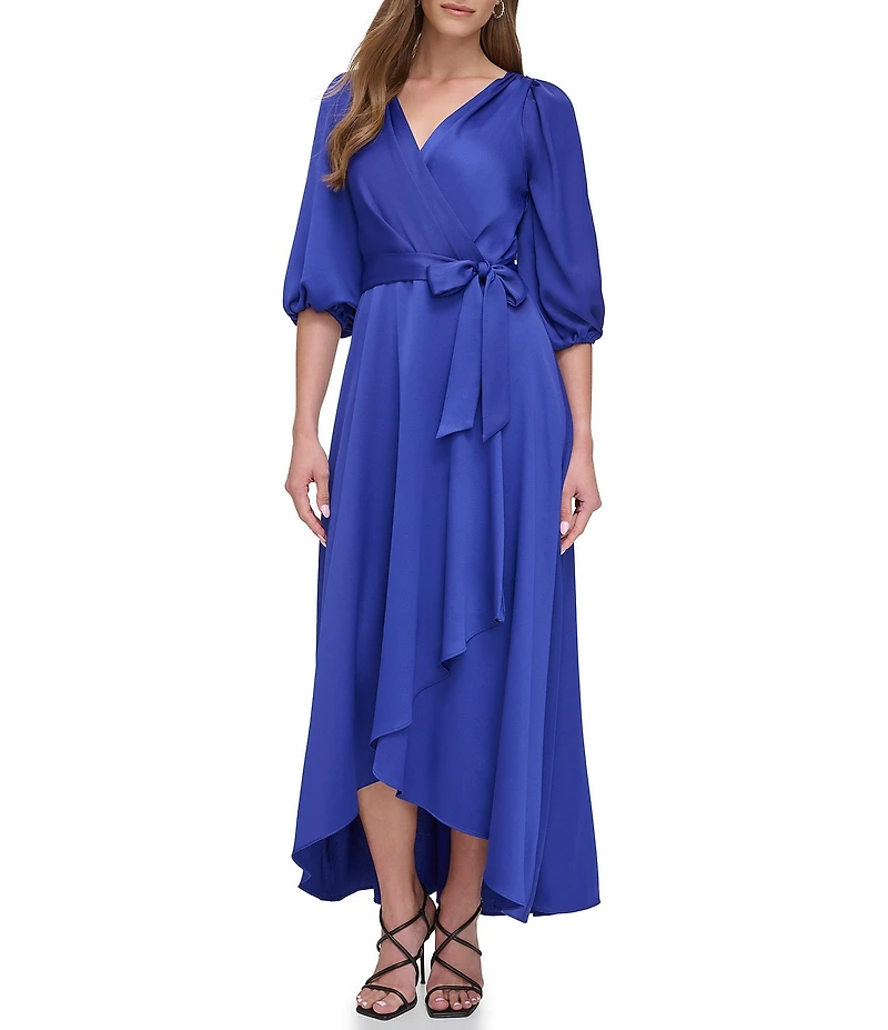DKNY By Donna Karan Satin Surplice Neck Faux Wrap Hi-Low Hem Dress