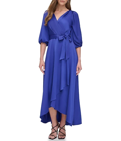 DKNY By Donna Karan Satin Surplice Neck Faux Wrap Hi-Low Hem Dress