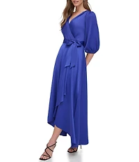 DKNY By Donna Karan Satin Surplice Neck Faux Wrap Hi-Low Hem Dress