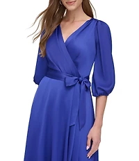 DKNY By Donna Karan Satin Surplice Neck Faux Wrap Hi-Low Hem Dress