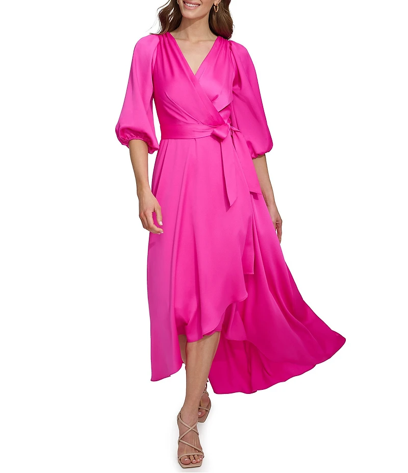 DKNY By Donna Karan Satin Surplice Neck Faux Wrap Hi-Low Hem Dress
