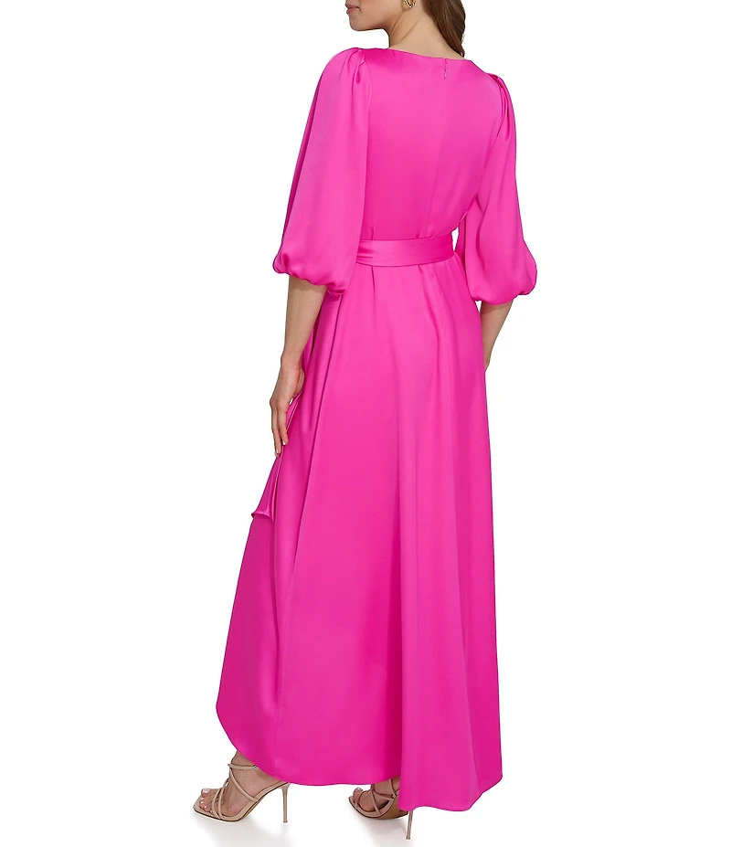 DKNY By Donna Karan Satin Surplice Neck Faux Wrap Hi-Low Hem Dress