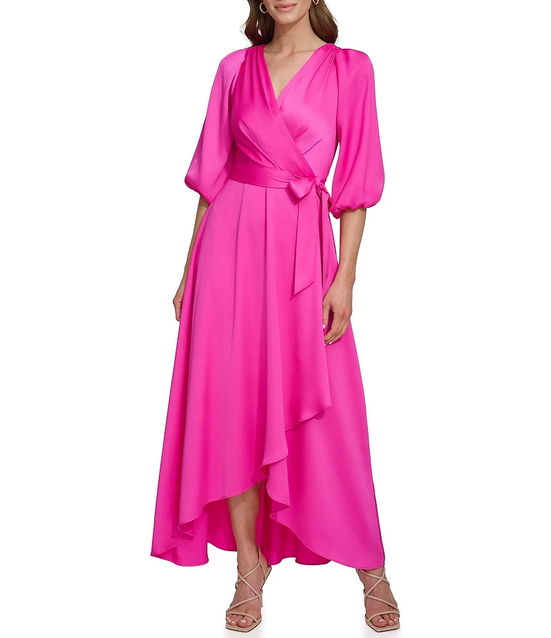 DKNY By Donna Karan Satin Surplice Neck Faux Wrap Hi-Low Hem Dress
