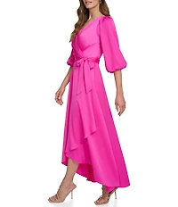 DKNY By Donna Karan Satin Surplice Neck Faux Wrap Hi-Low Hem Dress