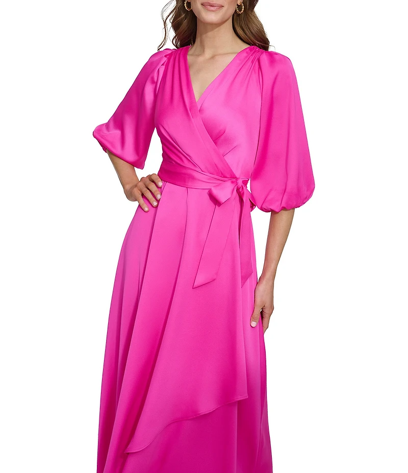 DKNY By Donna Karan Satin Surplice Neck Faux Wrap Hi-Low Hem Dress