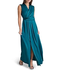 DKNY by Donna Karan Satin Surplice Neck Sleeveless Twist Front Fit And Flare Gown