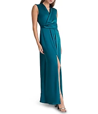 DKNY by Donna Karan Satin Surplice Neck Sleeveless Twist Front Fit And Flare Gown