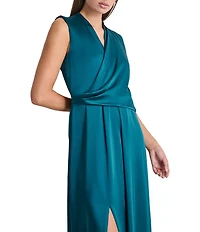 DKNY by Donna Karan Satin Surplice Neck Sleeveless Twist Front Fit And Flare Gown