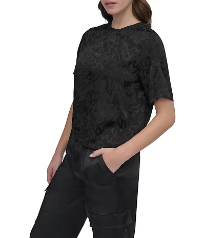 DKNY By Donna Karan Scribble Logo Scoop Neck Short Sleeve Top