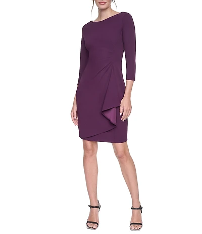 DKNY By Donna Karan Scuba Crepe 3/4 Sleeve Boat Neck Cascade Ruffle Sheath Dress