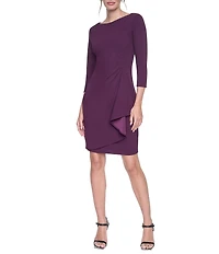 DKNY By Donna Karan Scuba Crepe 3/4 Sleeve Boat Neck Cascade Ruffle Sheath Dress