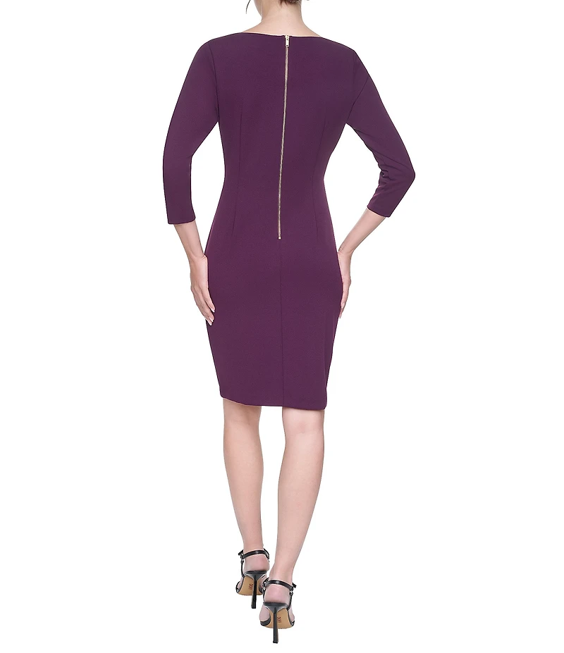 DKNY By Donna Karan Scuba Crepe 3/4 Sleeve Boat Neck Cascade Ruffle Sheath Dress