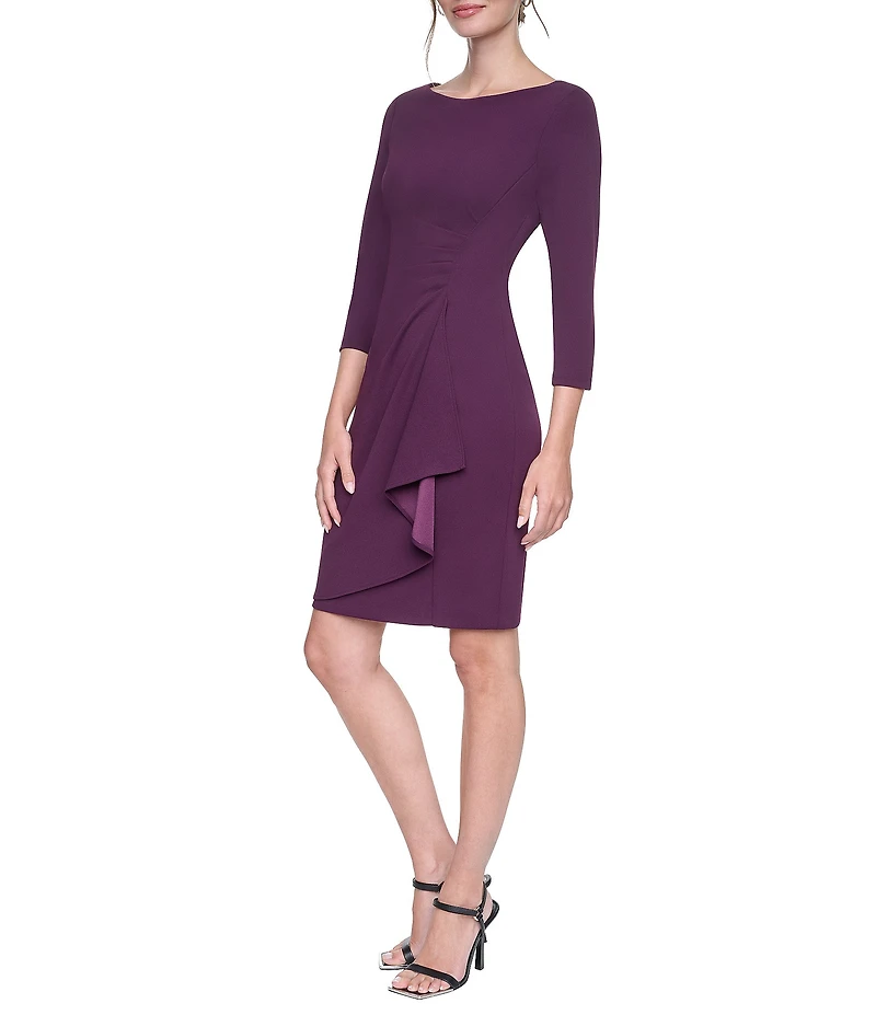 DKNY By Donna Karan Scuba Crepe 3/4 Sleeve Boat Neck Cascade Ruffle Sheath Dress