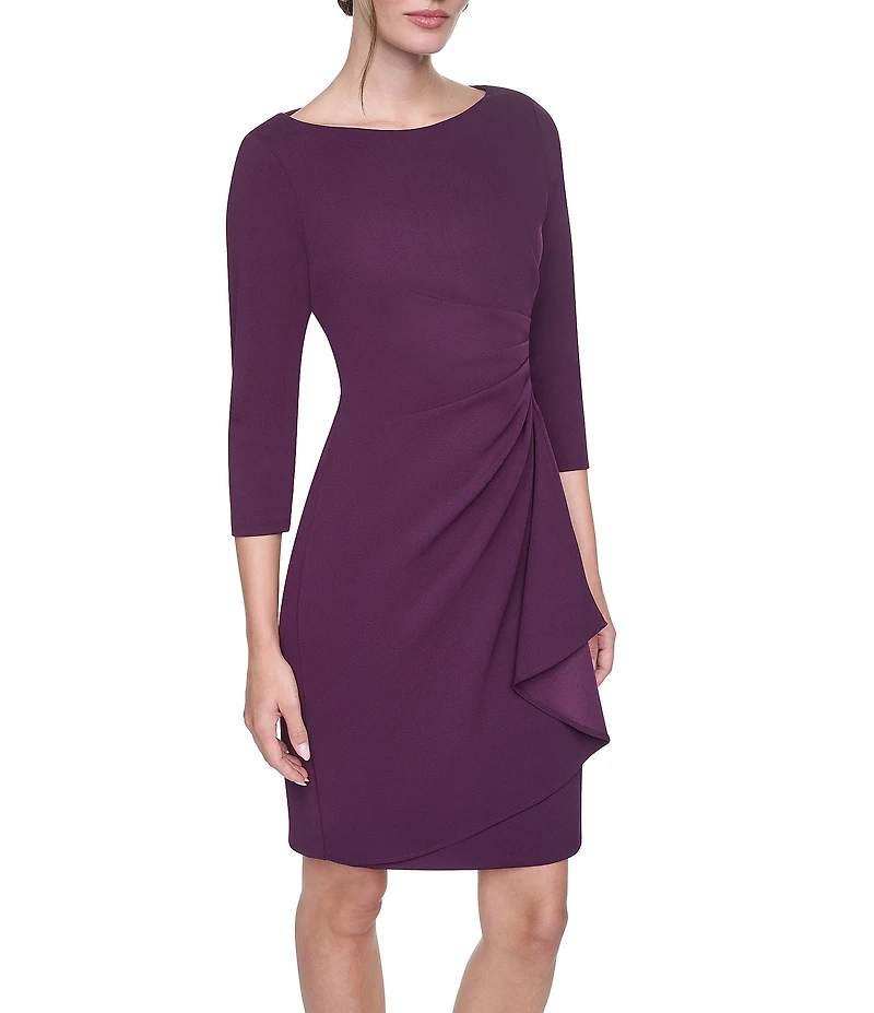 DKNY By Donna Karan Scuba Crepe 3/4 Sleeve Boat Neck Cascade Ruffle Sheath Dress