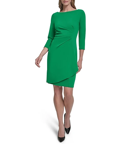 DKNY By Donna Karan Scuba Crepe 3/4 Sleeve Faux Waist Wrap Ruched Dress
