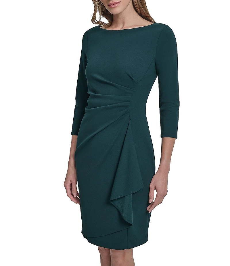 DKNY By Donna Karan Scuba Crepe 3/4 Sleeve Faux Waist Wrap Ruched Dress