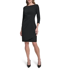 DKNY By Donna Karan Scuba Crepe 3/4 Sleeve Faux Waist Wrap Ruched Dress