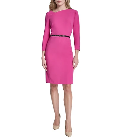 DKNY by Donna Karan Scuba Crepe Asymmetrical Neck 3/4 Sleeve Belted Sheath Dress