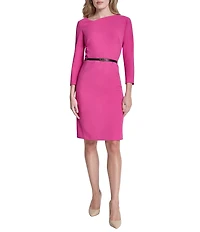 DKNY by Donna Karan Scuba Crepe Asymmetrical Neck 3/4 Sleeve Belted Sheath Dress