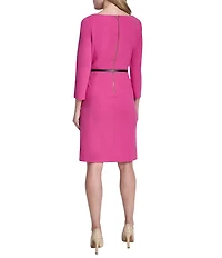 DKNY by Donna Karan Scuba Crepe Asymmetrical Neck 3/4 Sleeve Belted Sheath Dress