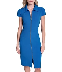 DKNY by Donna Karan Scuba Crepe Collared Neck Cap Sleeve Zip Front Shift Dress