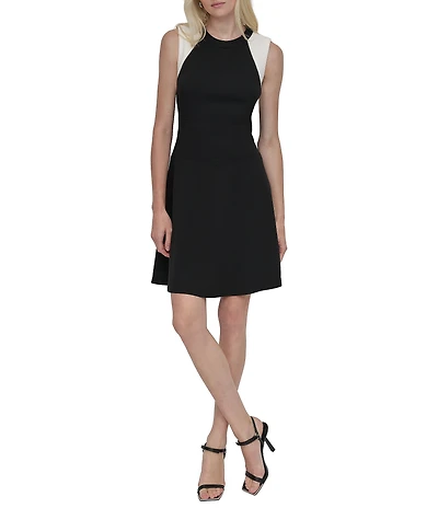 DKNY by Donna Karan Scuba Crepe Colorblock Crew Neck Sleeveless Fit and Flare Dress