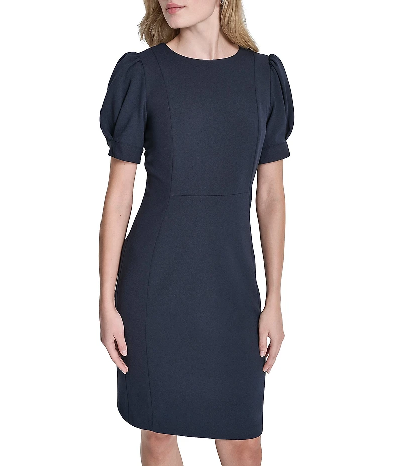 DKNY by Donna Karan Scuba Crepe Crew Neck Balloon Short Sleeve Sheath Dress