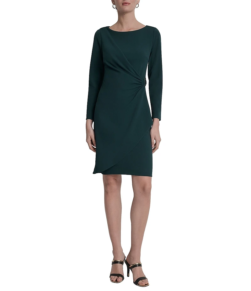 DKNY by Donna Karan Scuba Crepe Crew Neck Long Sleeve Ruched Bodice Sheath Dress