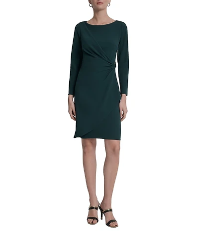 DKNY by Donna Karan Scuba Crepe Crew Neck Long Sleeve Ruched Bodice Sheath Dress