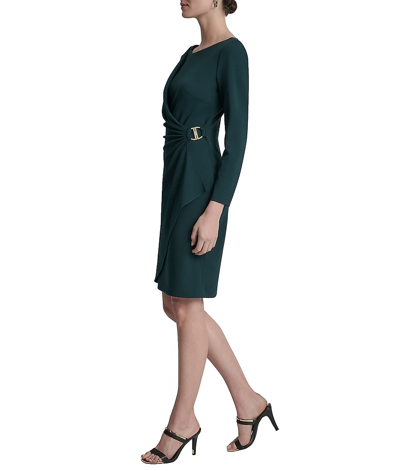 DKNY by Donna Karan Scuba Crepe Crew Neck Long Sleeve Ruched Bodice Sheath Dress